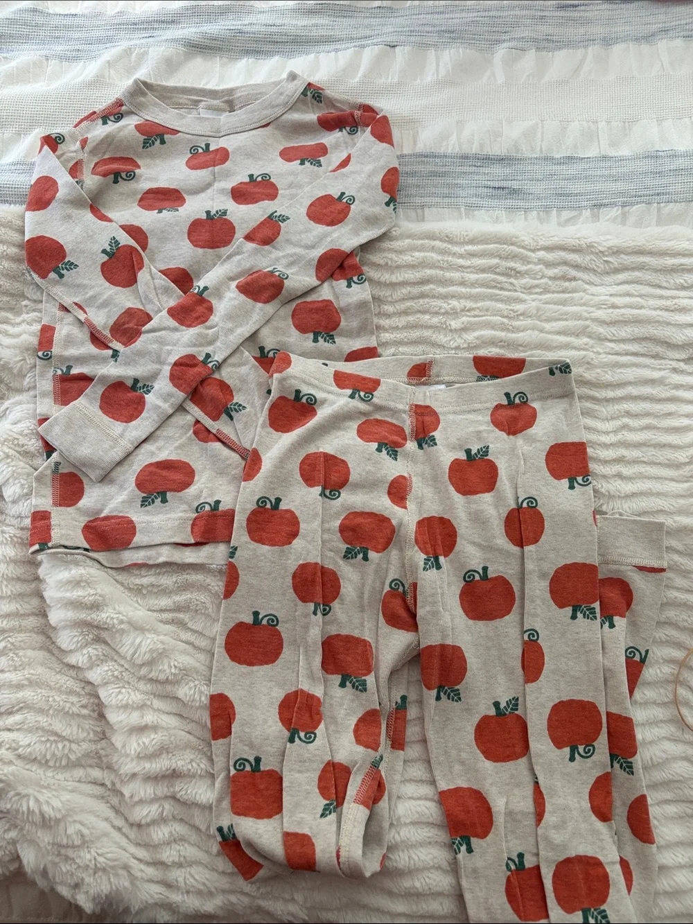 Kids Cream Pajama Set with Orange Pumpkin Print